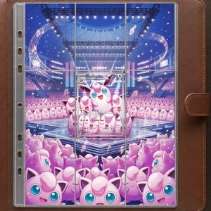 May include: A clear plastic trading card binder page containing a Wigglytuff Pokémon card centered over a background illustration of a large crowd of pink Wigglytuff characters on a concert stage with blue lighting and musical note graphics.