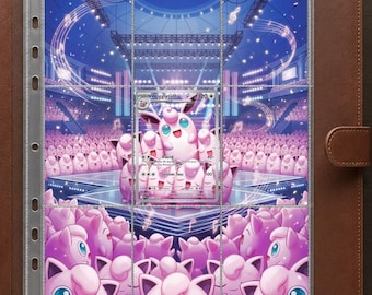 May include: A clear plastic trading card binder page containing a Wigglytuff Pokémon card centered over a background illustration of a large crowd of pink Wigglytuff characters on a concert stage with blue lighting and musical note graphics.