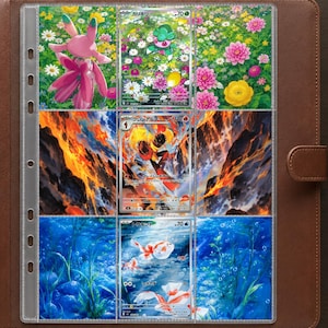 May include: A brown leather-bound trading card binder containing nine clear plastic pockets. The pockets display three rows of cards featuring a pink creature in a flower field, a fiery humanoid figure, and goldfish swimming in blue water.
