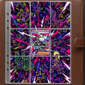 May include: A brown leather binder containing a nine-pocket trading card page. The page features a vibrant neon-colored background with various illustrated creatures, stars, and lightning bolts. A single trading card is centered in the middle.