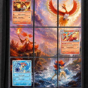 Peut inclure: Un classeur de cartes à collectionner noir avec neuf emplacements. Trois emplacements contiennent des cartes Pokémon : Ho-Oh, Delphox et Keldeo. Les six autres présentent une illustration paysagère continue de ciel au coucher du soleil.