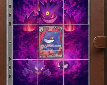 May include: A brown leather trading card binder containing a nine-pocket plastic page. The page features a purple Gengar-themed background with a Gengar EX Pokémon card placed in the center pocket, displaying 310 HP and Tricky Steps attack text.