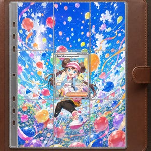 May include: A brown leather-bound binder containing a clear plastic trading card sleeve. Inside the sleeve is a Rosa's Encouragement Pokémon trainer card featuring a character with brown hair and a pink hat, surrounded by colorful balloons.
