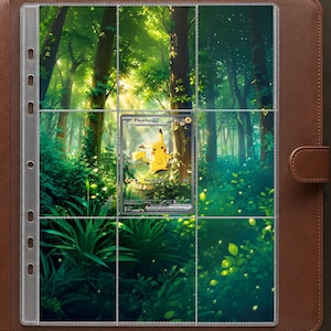 Könnte beinhalten: Ein brauner Sammelkartenordner aus Leder mit einer transparenten Seite mit neun Fächern. Die Seite zeigt eine Grafik mit Waldmotiv und eine einzelne Pikachu EX-Sammelkarte, die im mittleren Fach platziert ist.
