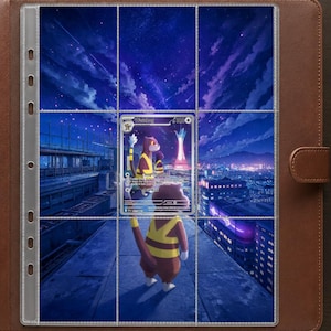 May include: A brown leather trading card binder containing a clear plastic nine-pocket page. A single Watchog Pokémon card is inserted into the center pocket, featuring a character standing on a rooftop overlooking a city at night under a starry sky.