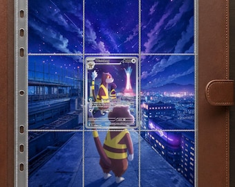 May include: A brown leather trading card binder containing a clear plastic nine-pocket page. A single Watchog Pokémon card is inserted into the center pocket, featuring a character standing on a rooftop overlooking a city at night under a starry sky.