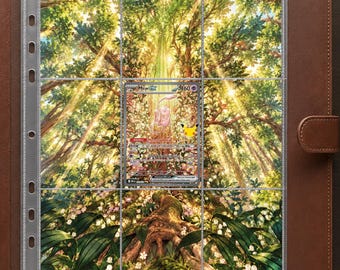 May include: A brown leather-bound trading card binder containing a clear plastic sheet with nine pockets. A single Mew ex Pokémon card is centered in the middle pocket, featuring a detailed illustration of a lush forest with sunlight filtering through.