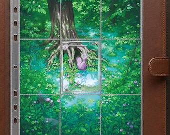 May include: A brown leather binder containing a clear plastic trading card sleeve with a nine-pocket grid. A single Goomy trading card is inserted in the center pocket, featuring a purple creature in a lush green forest with a pond and tree.