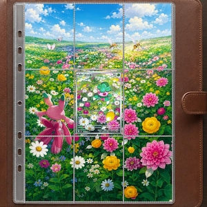 Könnte beinhalten: Ein brauner Lederordner mit einer transparenten Kunststoffhülle mit neun Fächern. Die Hülle zeigt eine lebendige Wiesenlandschaft mit Blumen, Schmetterlingen und Bienen sowie eine zentrale Sammelkarte mit japanischem Text.