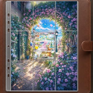 Può includere: Un raccoglitore color marrone effetto pelle contenente una pagina in plastica trasparente per carte collezionabili. La pagina presenta una vivace illustrazione di un arco da giardino con fiori rosa e viola e una carta giapponese Espeon GX.