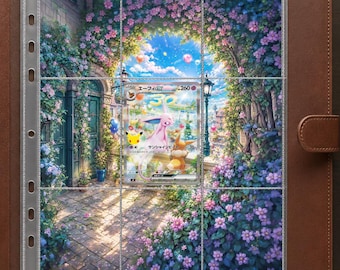 May include: A brown leather-look binder containing a clear plastic trading card page. The page features a vibrant illustration of a garden archway with pink and purple flowers, and a Japanese Espeon GX trading card centered in the middle.