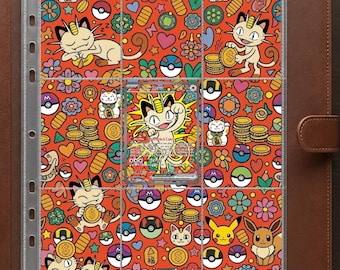 May include: A brown leather binder containing a nine-pocket trading card page. The page features a vibrant orange background with a repeating pattern of Meowth, Pikachu, Eevee, Poke Balls, gold coins, and flowers. A single Meowth trading card is centered.