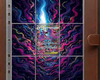 May include: A brown leather binder containing a trading card display page with a vibrant, abstract cosmic background featuring swirling purple, pink, and blue smoke patterns. A single Mega Rayquaza EX trading card is centered in the middle slot.