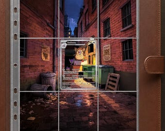 May include: A brown leather trading card binder containing a Raticate Pokémon card displayed in a clear plastic pocket. The card features an illustration of a Raticate in a brick alleyway with green dumpsters, trash cans, and posters on the walls.
