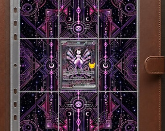 May include: A brown leather-bound trading card binder featuring a clear plastic nine-pocket page insert. The page displays a dark purple and black background with geometric patterns and a single Mewtwo EX trading card centered in the middle.