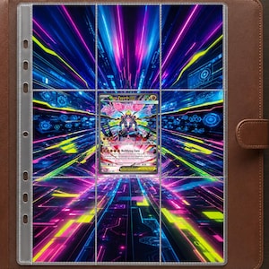 Könnte beinhalten: Ein brauner Ordner in Lederoptik mit einer transparenten Kunststoffhülle für Sammelkarten mit neun Fächern. Der Hintergrund zeigt ein lebendiges digitales Tunneldesign in Neonpink, Blau und Gelb. Eine Mega Zygarde EX Karte ist mittig.