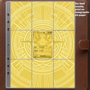 May include: A clear plastic nine-pocket trading card page insert featuring a yellow circular geometric pattern, holding a single gold-colored Japanese trading card in the center. Text reads: For best results, print on holographic A4 paper.