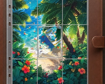 May include: A brown leather trading card binder featuring a clear plastic nine-pocket page insert. The page displays a vibrant tropical beach scene with palm trees and hibiscus flowers, containing a single Oshawott Pokémon card in the center.
