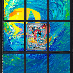 May include: A trading card featuring a blue and black character with red accents, labeled Mega Greninja EX with 350 HP, centered within a nine-pocket plastic binder page. The background displays a vibrant, continuous artistic wave pattern.