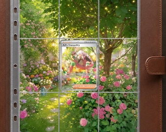 May include: A brown leather trading card binder featuring a clear plastic nine-pocket page insert. A single Pokémon trading card titled AZ's Tranquility is displayed in the center pocket, showcasing an illustration of a character in a garden.