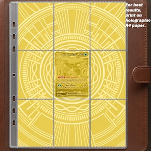 Puede incluir: Una carpeta de cuero marrón que contiene una hoja de plástico transparente con nueve bolsillos. La hoja presenta un patrón geométrico circular amarillo y una tarjeta coleccionable dorada en el centro. El texto dice: For best results, print on holographic A4 paper.