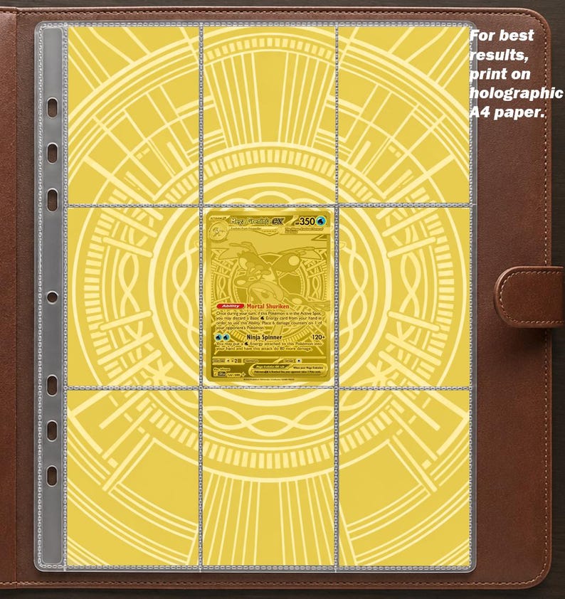 May include: A brown leather binder containing a clear plastic sheet with nine pockets. The sheet features a yellow circular geometric pattern and a single gold-colored trading card in the center. Text on the right reads: For best results, print on holographic A4 paper.