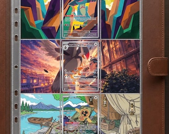 May include: A brown leather binder containing three clear plastic pages, each holding a trading card. The top card features a blue creature, the middle card shows a bird and a person, and the bottom card depicts a camping scene with a small orange object.