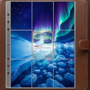 Könnte beinhalten: Ein brauner Sammelkartenordner aus Leder mit einer transparenten Kunststoffseite mit neun Fächern. Die Seite zeigt einen aufgedruckten Hintergrund mit Sternenhimmel und Nordlichtern über einer Eislandschaft sowie eine Dewgong-Pokémon-Karte in der Mitte.