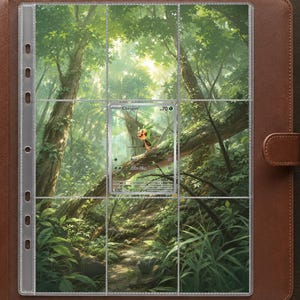 Puede incluir: Una carpeta de cuero marrón que contiene una funda de plástico transparente para tarjetas coleccionables. Una tarjeta de Chespin con 70 HP está insertada en la ranura central, mostrando una ilustración de bosque verde con un sendero.
