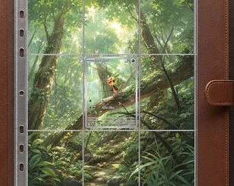May include: A brown leather binder containing a clear plastic trading card sleeve. A single Chespin trading card with 70 HP is inserted into the center slot, featuring a green forest illustration with a path and a fallen tree trunk.