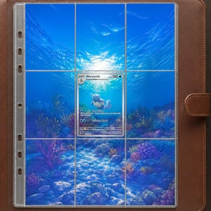 May include: A brown leather-look binder containing a clear plastic nine-pocket trading card page. A single Wartortle Pokémon card is inserted into the centre pocket, set against a vibrant underwater coral reef background with blue water.