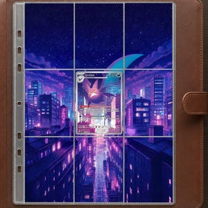 May include: A brown leather-bound trading card binder featuring a nine-pocket clear plastic page insert. The page displays a purple and blue cityscape background with a single Crobat trading card centered in the middle pocket.