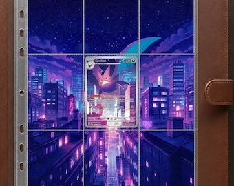 May include: A brown leather-bound trading card binder featuring a nine-pocket clear plastic page insert. The page displays a purple and blue cityscape background with a single Crobat trading card centered in the middle pocket.
