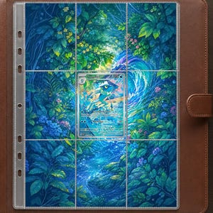 May include: A brown leather trading card binder containing a clear plastic nine-pocket page. The page features a vibrant, full-color illustration of a lush forest with a flowing stream and a single Frogadier trading card centered in the middle.