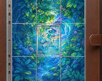 May include: A brown leather trading card binder containing a clear plastic nine-pocket page. The page features a vibrant, full-color illustration of a lush forest with a flowing stream and a single Frogadier trading card centered in the middle.
