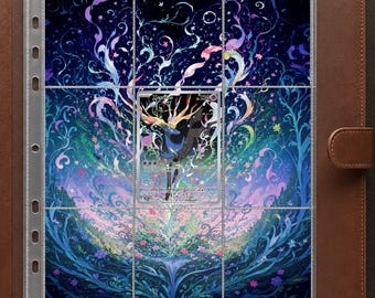 May include: A brown leather binder containing a nine-pocket plastic trading card page. The page features a vibrant, dark blue and purple illustration of swirling floral patterns and glowing light, with a Xerneas trading card centered.