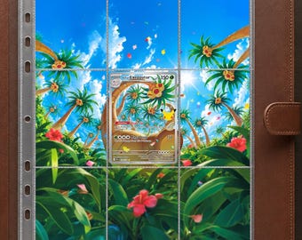 May include: A brown leather-bound trading card binder featuring a clear plastic nine-pocket page insert. The page displays a vibrant tropical background with palm trees and red flowers, containing a single Alolan Exeggutor Pokémon card.