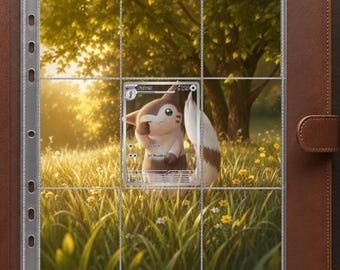 May include: A brown leather trading card binder featuring a clear plastic nine-pocket page insert. A single Furret trading card with 120 HP, Scratch, and Jet Headbutt attacks is displayed in the center pocket against a grassy field background.