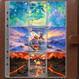 Puede incluir: Una carpeta de cuero marrón con una hoja de plástico transparente de nueve bolsillos. Se han insertado tres cartas coleccionables: una carta de Budew con fondo azul estrellado, una de Magmar con un paisaje de montaña nevado y una de Numel.