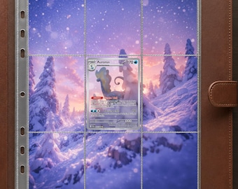 May include: A brown leather-look binder containing a clear plastic trading card page with nine pockets. A single Aurorus Pokemon card with 170 HP, Tundra Wall ability, and Freezing Chill attack is inserted into the center pocket against a snowy background.