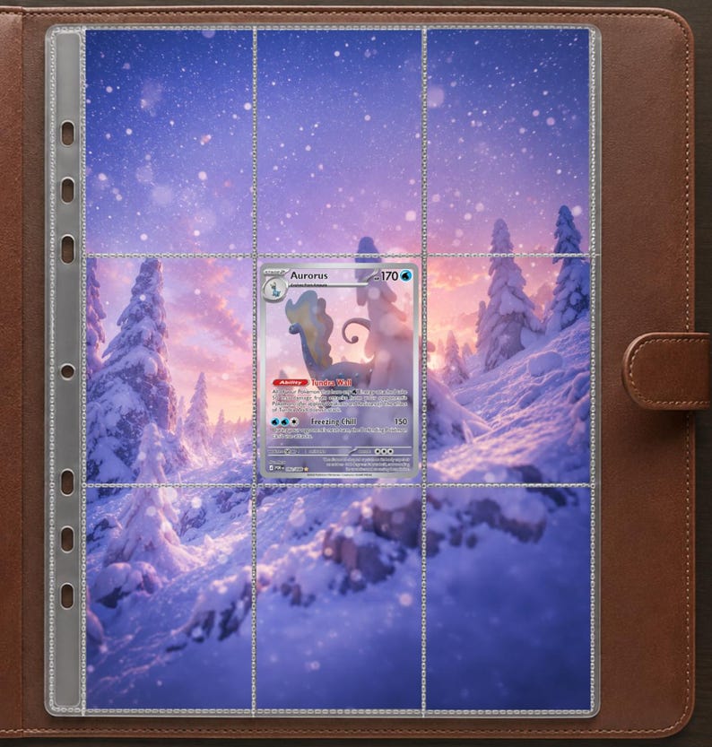 Puede incluir: Una carpeta de aspecto cuero marr&oacute;n que contiene una p&aacute;gina de pl&aacute;stico transparente para tarjetas coleccionables con nueve bolsillos. Una carta Pok&eacute;mon Aurorus con 170 HP, habilidad Tundra Wall y ataque Freezing Chill est&aacute; en el bolsillo central.