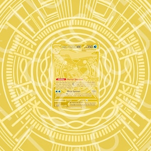 May include: A gold-colored trading card featuring Mega Greninja ex with 350 HP. The card displays the Mortal Shuriken ability and the Ninja Spinner attack. It is set against a circular, yellow, geometric background pattern with faint text.