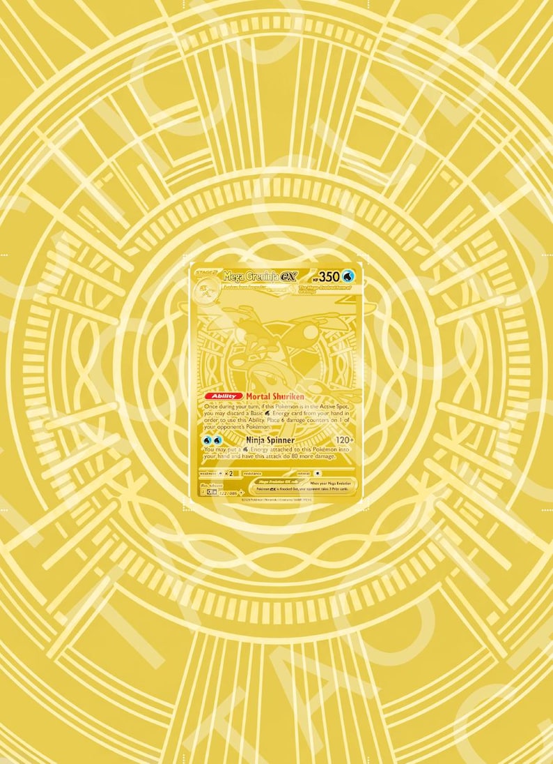 May include: A gold-colored trading card featuring Mega Greninja ex with 350 HP. The card displays the Mortal Shuriken ability and the Ninja Spinner attack. It is set against a circular, yellow, geometric background pattern with faint text.