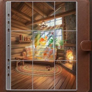 May include: A brown leather-bound trading card binder featuring a clear plastic page with nine pockets. A Fennekin Pokemon card is inserted into the center pocket, displaying the character, its name, and the text Call for Family and Steady Firebreathing.