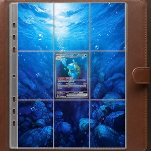 May include: A brown leather-look trading card binder featuring a nine-pocket clear plastic page insert. The page displays a blue underwater scene with bubbles and rocks, containing a single Blastoise ex trading card in the centre pocket.