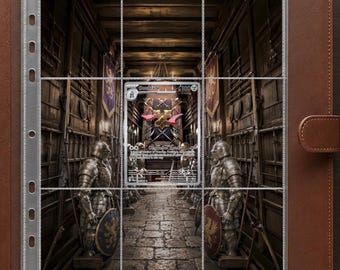 May include: A brown leather binder containing a clear plastic nine-pocket trading card page. A single Doublade trading card is inserted into the center pocket, featuring an illustration of two swords in a stone hallway with suits of armor.