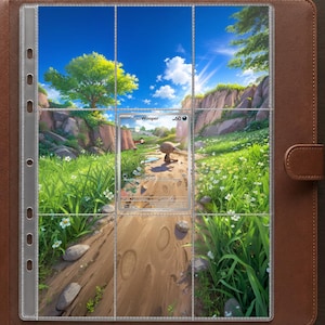 Peut inclure: Un classeur à texture de cuir marron contenant une page de protection en plastique transparent à neuf compartiments. Une carte Pokémon Wooper est insérée dans la poche centrale, illustrant une créature marron sur un chemin de terre.