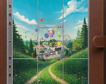 May include: A brown leather-bound trading card binder featuring a clear plastic nine-pocket page. A single Drifloon Pokémon card is inserted into the center pocket, displaying a colorful amusement park scene with balloons, a Ferris wheel, and a path.