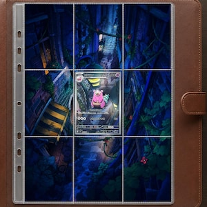 May include: A brown leather binder containing a clear plastic nine-pocket trading card page. The page features a continuous, dark, blue-toned illustration of a narrow alleyway with vines and streetlights, with a single pink Slowpoke card.