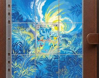 May include: A brown leather-bound trading card binder featuring a clear plastic nine-pocket page insert. The page displays a vibrant blue and yellow landscape illustration with a Nidorina trading card centered in the middle pocket.